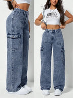 Calça Cargo Jeans Cintura Alta Wide Leg Pantalona