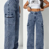 Calça Cargo Jeans Cintura Alta Wide Leg Pantalona