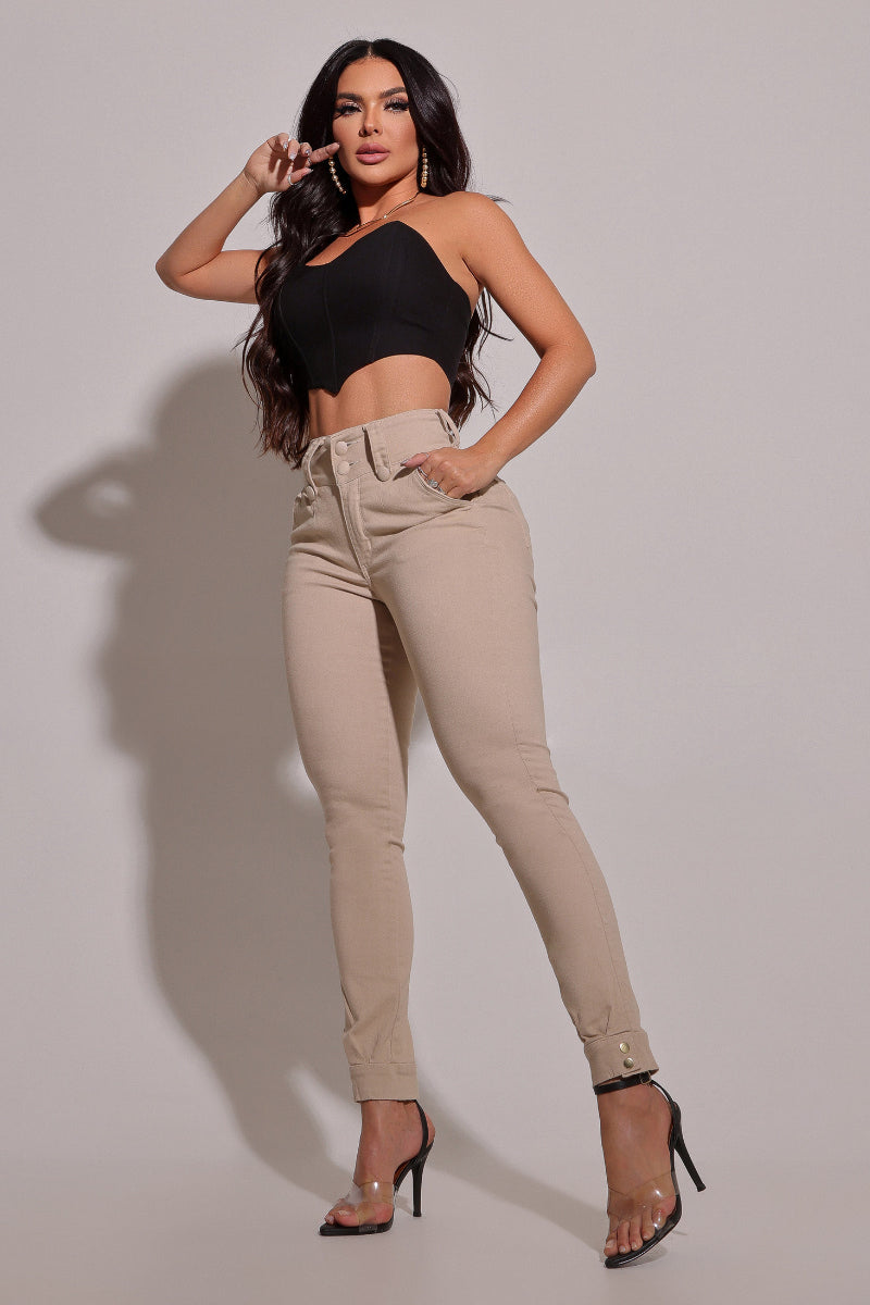 Calça Jeans Feminina Modeladora Nude Detalhe Barra - CH94