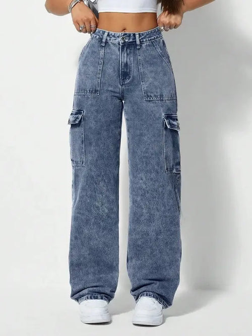 Calça Cargo Jeans Cintura Alta Wide Leg Pantalona