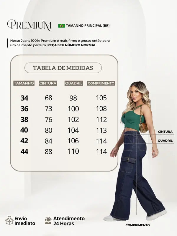 Calça Cargo Jeans Cintura Alta Wide Leg Pantalona